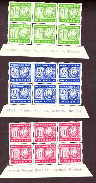 Rhodesia  postage due 1970  issue.  Imprint Blocks of 6. 3 blocks print 10c 2-5-1979 1c 2-5-1980 .