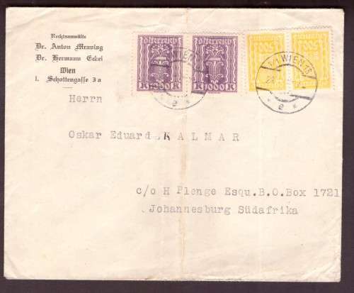 Austria . Nice Cover 1920s from Wien to Johanersburg . S.A.