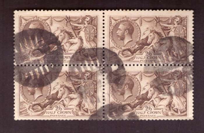 G.B.  George V.  Sea horses 2/6 block of 4 nice used.