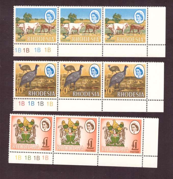 Rhodesia  1966-70  issue. SACC #153-154-155. PL 1B.  5/ varieti ,dot on the Cow. hinge on the margin