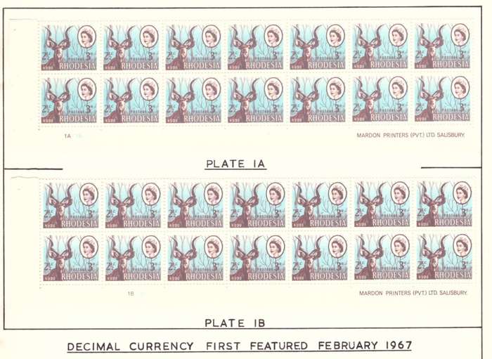 Rhodesia  1967 oveprint  issue. SACC #166. PL 1A  1B.  Hinge on margin. control blocks and imprint.