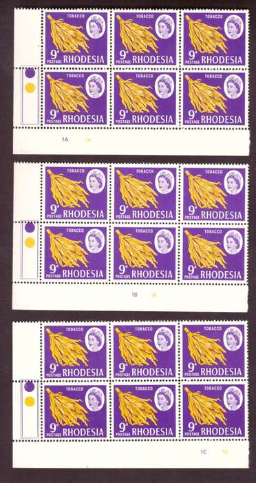 Rhodesia  1967  issue. SACC #150. PL 1A  1B  1C  Hinge on margin. control blocks .