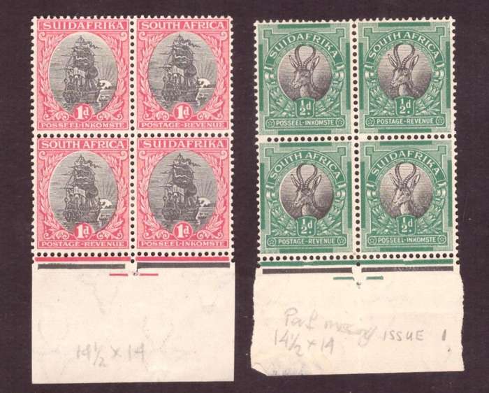 1926 UNIONof South Africa.1/2d -1d. SACC#29-30. Missing one perf. in 1/2d.Blocks of 4  MH.