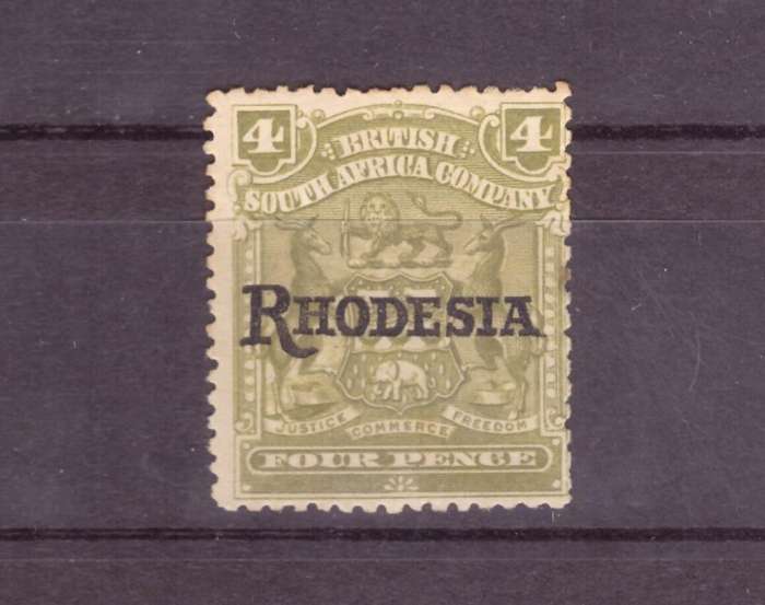 BSAC 1909 issue oveprint Rhodesia Varietis. 4d` NO STOP`  SACC#101A. small spot toned.