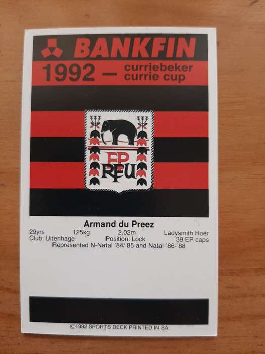 Sports Deck 1992 Currie Cup Collectors Cards: No 62 - Armand du Preez (Eastern Province)