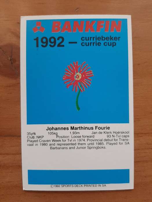 Sports Deck 1992 Currie Cup Collectors Cards: No 78 - Pote Fourie (Northern Transvaal)