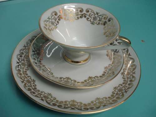 Very Stylish Antique Winterling Bavaria German tea cup and saucer trio gold & white gilded