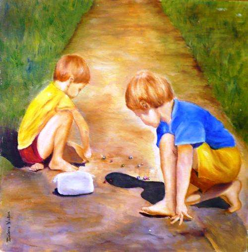 ORIGINAL OIL PAINTING BY DALENE VICTOR - 350 x 350  "PLAYING MARBLES"           "
