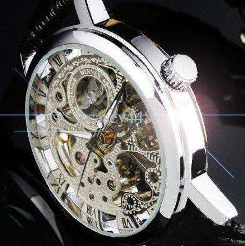 Winner brand silver tone Skeleton Hand-winding Mechanical Mens men watch leather band