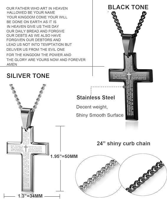 Stainless steel cross necklace main prayer pendant for men women, Jesus Cross Chain