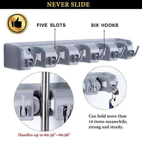 Broom and Mop Holder Wall Mounted Garden Tool Rack Garage Storage & Organizer 5 Position with 6 Hook