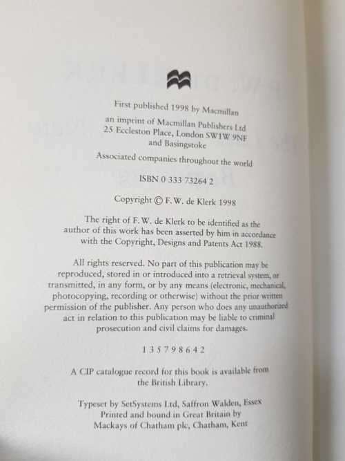 FW De Klerk AND 1820 Settlers Stories, First Editions, two books R725
