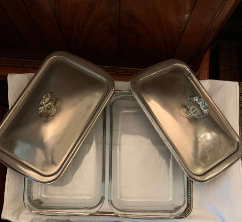 Vintage Chafing dish footed double with rectangular casserole dishes, dish base and lids included.