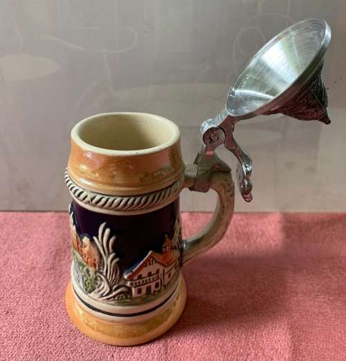Vintage German Heidelberg ceramic beer mug with pewter lid