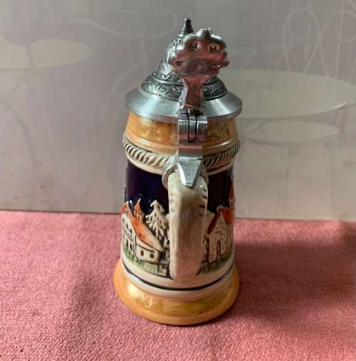Vintage German Heidelberg ceramic beer mug with pewter lid