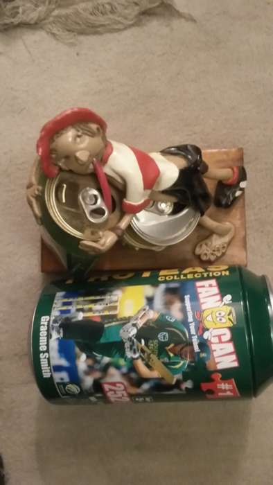 Clay model drinking from an ORIGINAL circa late 70s  Castle Larger can Rugby Transvaal