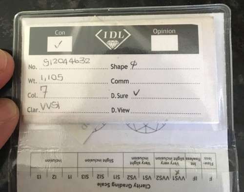 1.105 Carat Round Brilliant Cut VVS1 Colour F Diamond