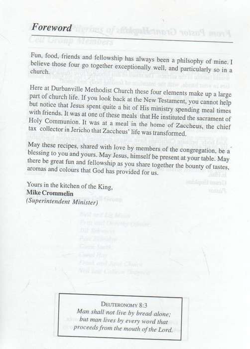 RECIPE BOOK OF DURBANVILLE METHODIST CHURCH (NOT DATED)