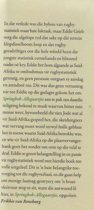 SPRINGBOK ALLEGAARTJIE VAN DIE VROEGSTE DAE TOT DIE MODERNE ERA - EDDIE GRIEB & STUART FARMER