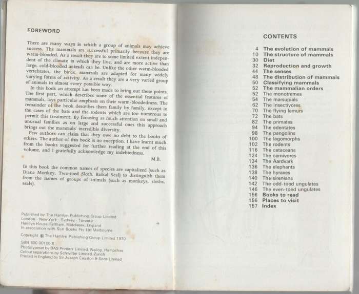MAMMALS OF THE WORLD - MICHAEL BOORER (HAMLYM ALL COLOUR BOOKS 1970)