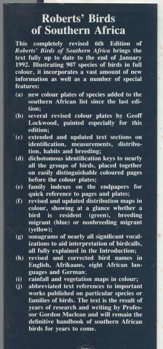 ROBERTS' BIRDS OF SOUTHERN AFRICA - GORDON LINDSAY MACLEAN (SIXTH EDITION 1993)