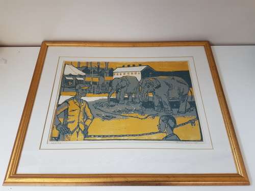 Alexander Podlashuc. Elephants at the Circus. Linocut printed in colours. Signed Artist's Proof.