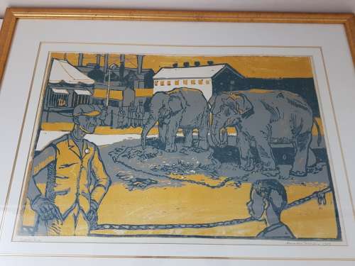 Alexander Podlashuc. Elephants at the Circus. Linocut printed in colours. Signed Artist's Proof.