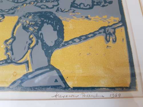 Alexander Podlashuc. Elephants at the Circus. Linocut printed in colours. Signed Artist's Proof.