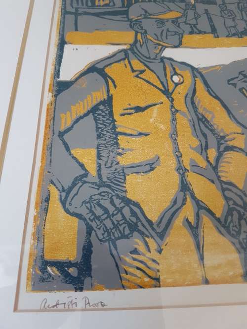 Alexander Podlashuc. Elephants at the Circus. Linocut printed in colours. Signed Artist's Proof.