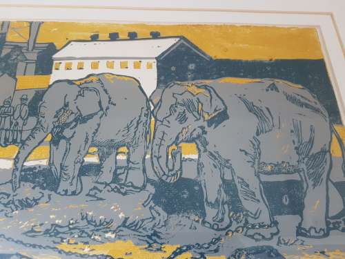 Alexander Podlashuc. Elephants at the Circus. Linocut printed in colours. Signed Artist's Proof.