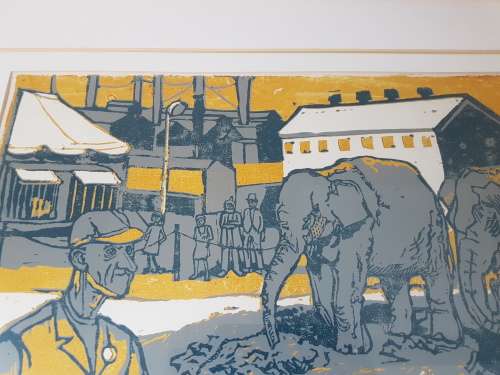 Alexander Podlashuc. Elephants at the Circus. Linocut printed in colours. Signed Artist's Proof.