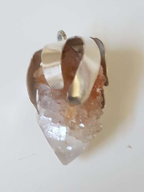 Sterling Silver White Transparent Quartz Crystal Pendant. Rough Crystal. Large.