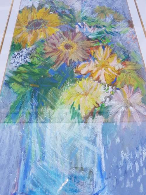 Edwine Simon (1939-). Still life of flowers. Original mixed media. Framed.