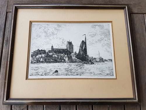 Johan Elsinga (1893-1969). Original etching. View of Grouw, Friesland, Netherlands from the water.