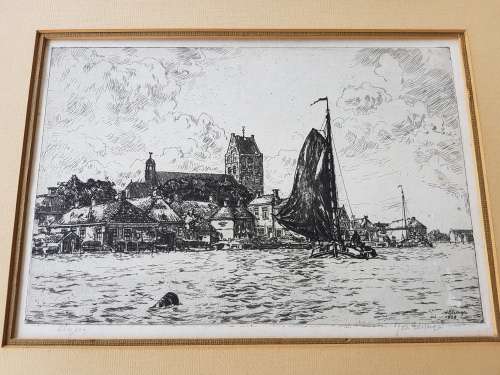 Johan Elsinga (1893-1969). Original etching. View of Grouw, Friesland, Netherlands from the water.