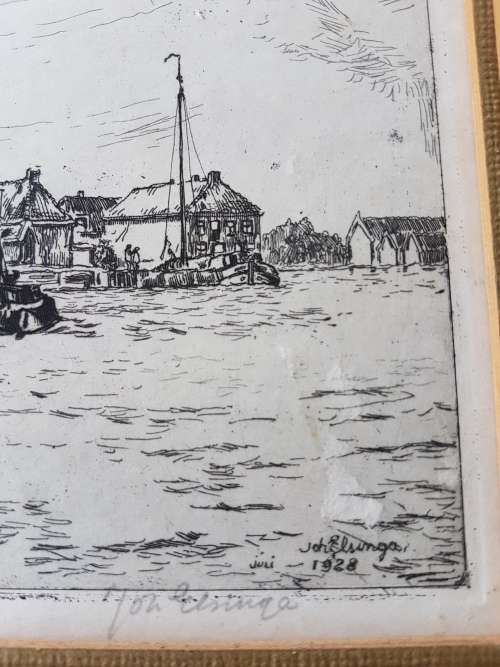 Johan Elsinga (1893-1969). Original etching. View of Grouw, Friesland, Netherlands from the water.