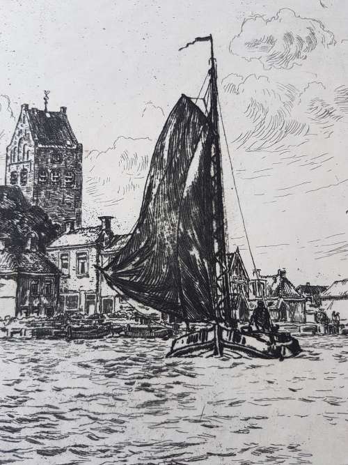 Johan Elsinga (1893-1969). Original etching. View of Grouw, Friesland, Netherlands from the water.
