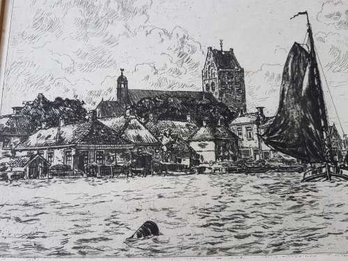 Johan Elsinga (1893-1969). Original etching. View of Grouw, Friesland, Netherlands from the water.
