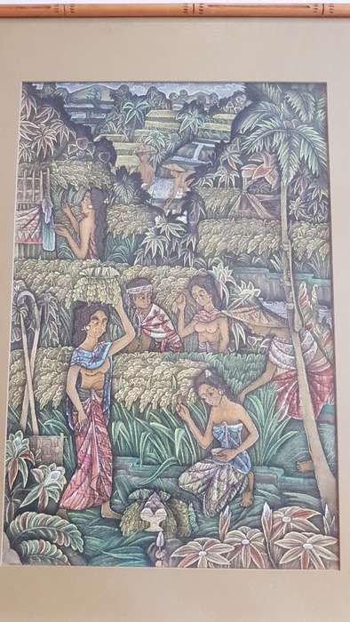 Painting  of Bali Terraces, Figures Harvesting Rice on Cloth. Signed on back.