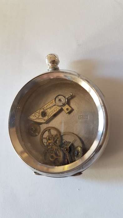 Vintage French Solid Silver Pocket Watch  with Components behind Glass. Steampunk fashion item.