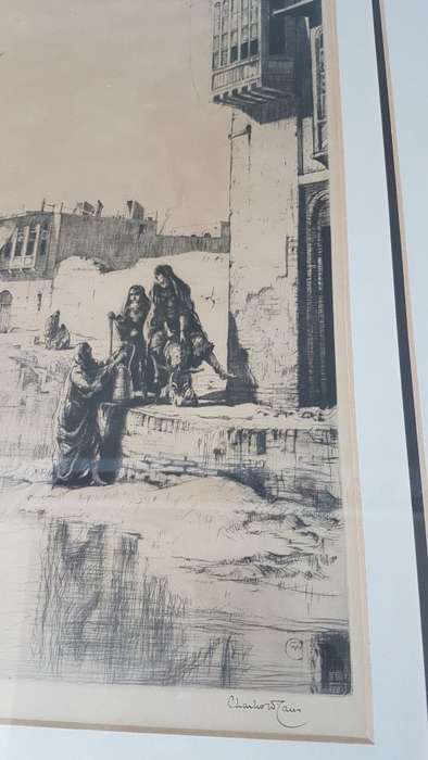Charles W. Cain (1893-1962).  Signed  45/78 ltd original etching. Tigris River Scene, Iraq, c. 1926.