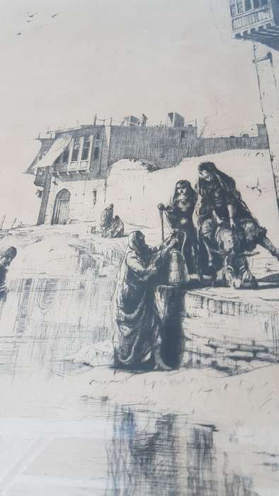 Charles W. Cain (1893-1962).  Signed  45/78 ltd original etching. Tigris River Scene, Iraq, c. 1926.