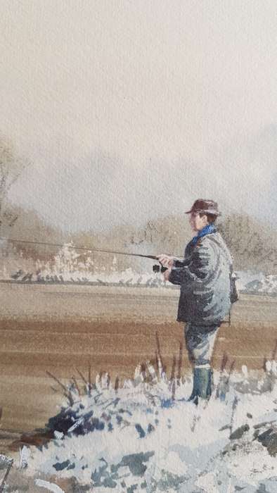 Rodger McPhail (1953-).  Pike Fishing. Large Original Watercolour. TOP WILDLIFE SPORTING  ARTIST.