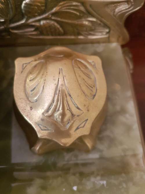 Belgian Art Nouveau Brass and Green Onyx Desk Set Inkstand with Blotter  Marked. REDUCED.
