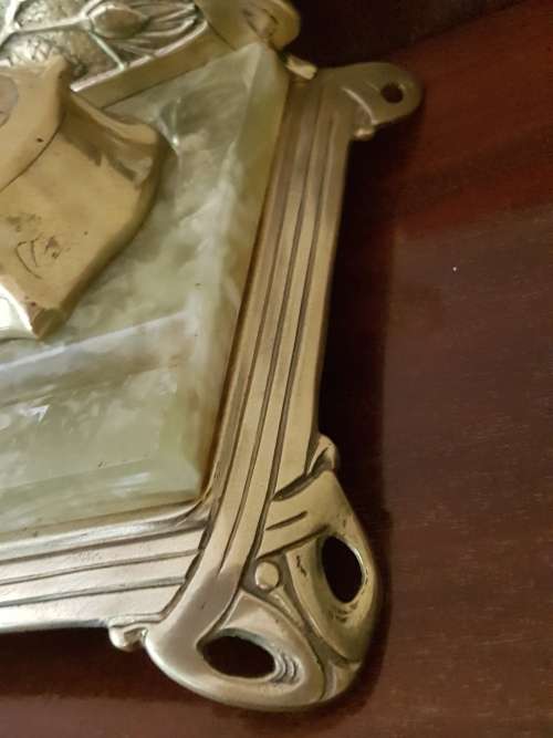 Belgian Art Nouveau Brass and Green Onyx Desk Set Inkstand with Blotter  Marked. REDUCED.