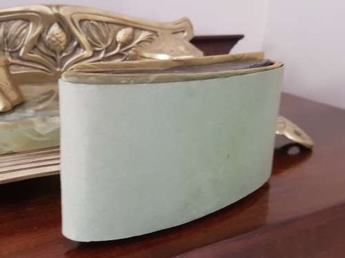 Belgian Art Nouveau Brass and Green Onyx Desk Set Inkstand with Blotter  Marked. REDUCED.