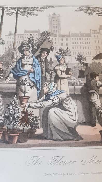 Original Colour Aquatint. The Flower Market  from `A Tour Through Paris`, 1822.  by William Sams