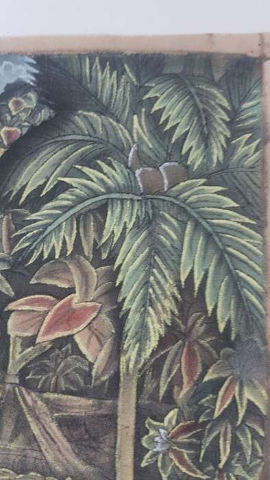 Painting  of Bali Terraces, Figures Harvesting Rice on Cloth. Signed on back.