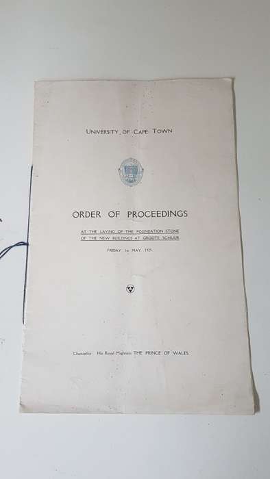 University of Cape Town. Order of Proceedings: New buildings, Groote Schuur, 1925