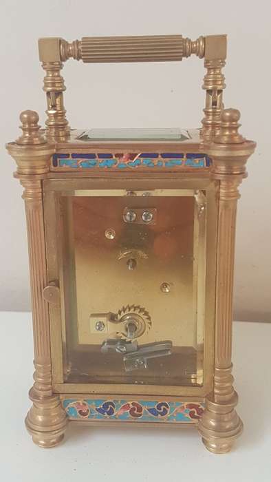 Fine French Art Nouveau Gold Champlevé Enamel Carriage Clock. Working with Key,  Leather Travel Box